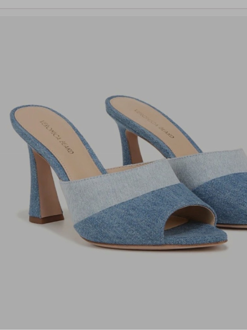 Veronica Beard Thora denim mules featuring a two-tone blue 3.5" Heel NWB